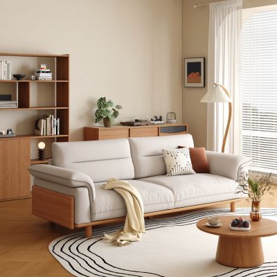 原木風雙人位沙發(fā) 北歐布藝沙發(fā) 實木沙發(fā)