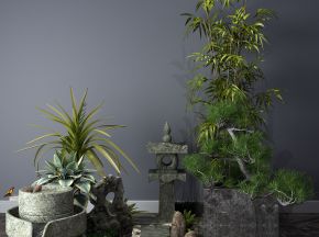 植物，小品，假山，喷泉