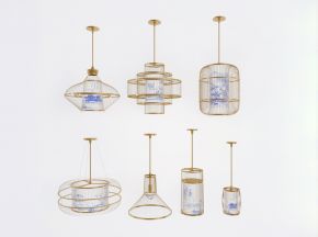 中式木框青花瓷吊灯