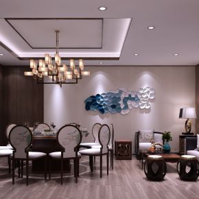 新中式餐厅包厢  餐桌椅  落地灯  墙饰  吊灯 