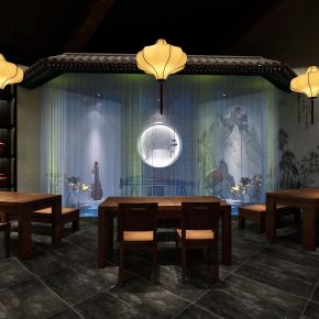 新中式茶馆  茶餐厅  桌椅 卡座 吊灯 装饰