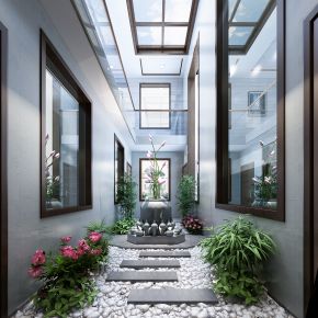 新中式天井景观  阳光房  绿植  石头  台阶 