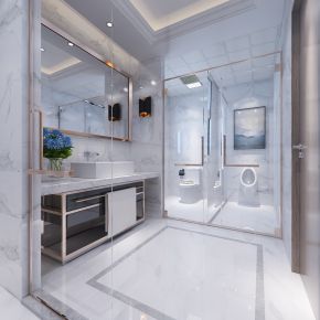 现代卫生间   马桶  洗手台 淋浴  镜子 玻璃隔断   壁灯 花洒