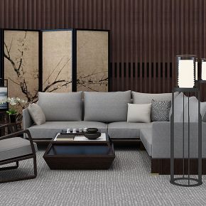 新中式客厅沙发茶几组合落地灯