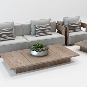 现代新中式实木双人沙发茶几组合