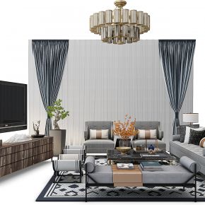 现代沙发电视柜窗帘组合