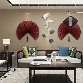 新中式沙发茶几椅子扇子挂饰组合