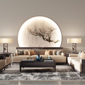 新中式沙发茶几干枝圆形背景墙单人沙发
