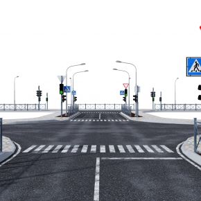 道路小品，道路标线，车行线，斑马线，道路标志，红绿灯，路灯