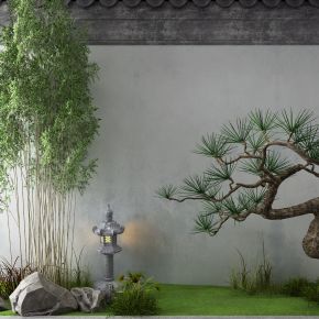 新中式景观小品竹子松树石3d模型下载