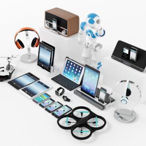现代数码产品，电子产品，电子组合，平板电脑，苹果手机，耳机，无人机