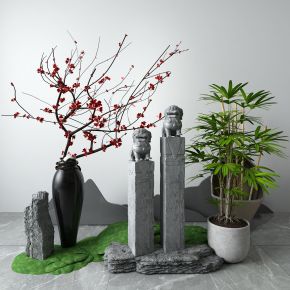 新中式景观小品 石狮子 盆栽