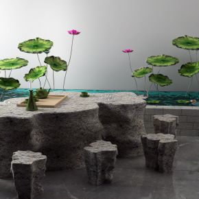 新中式景观小品 荷花 水池 石桌