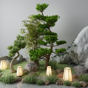 新中式景观小品 松树 小草 户外灯