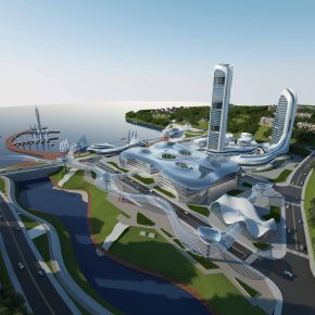 现代未来科幻高码头湖边层办公建筑