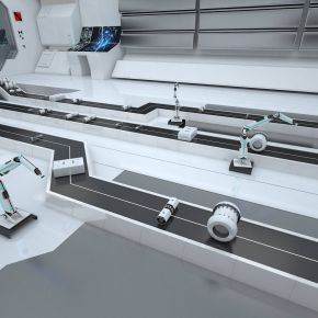 现代科幻室内工厂流水线机器人