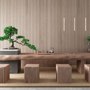 新中式茶桌椅 盆栽 茶具