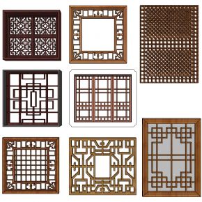中式木窗格花格花窗景窗su模型下載