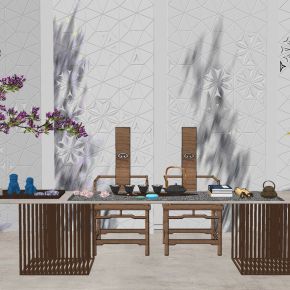 新中式茶桌椅，茶具盆景盆栽植物花瓶