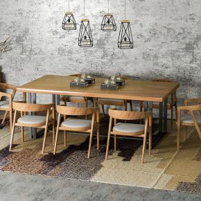  loft工业风复古实木餐桌椅餐具组合吊灯边柜装饰画 牛角椅餐桌椅