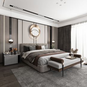 现代卧室，床，电视，窗帘，装饰画