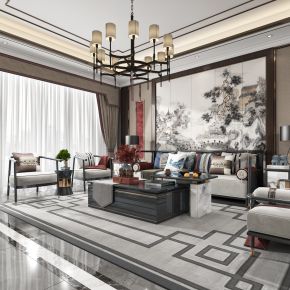 新中式客厅，沙发，电视柜，吊灯，装饰画