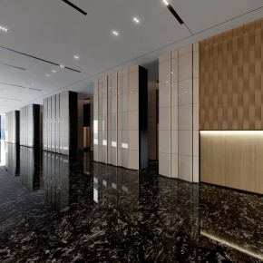 现代办公空间走廊、电梯间模型
