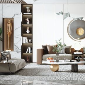 现代客厅，沙发茶几组合，沙发背景墙，陈设摆件，单椅