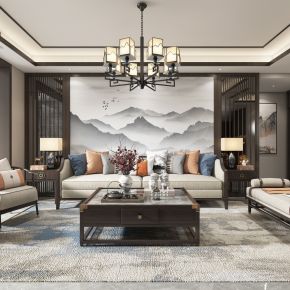 新中式客厅，沙发，餐桌，电视柜，酒柜，吊灯，墙饰，装饰画