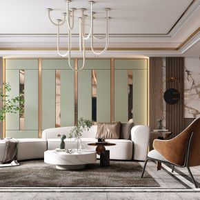 现代客厅，沙发茶几组合，餐桌椅，背景墙，陈设摆件，单椅，灯具