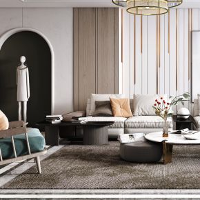 现代客厅，沙发茶几组合，陈设摆件，背景墙，灯具，单椅