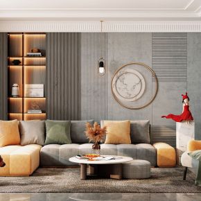 现代客厅，沙发茶几组合，饰品，摆件，背景墙
