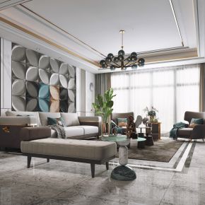 现代客厅，沙发茶几组合，陈设摆件，背景墙，灯具