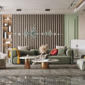 现代客厅，沙发茶几组合，陈设，雕塑，背景墙