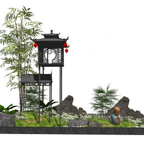 新中式景观小品庭院景观假山石头植物SU模型