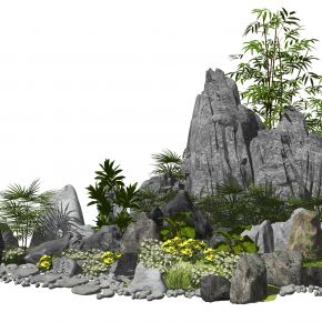 新中式假山石头植物景观小品庭院景观SU模型