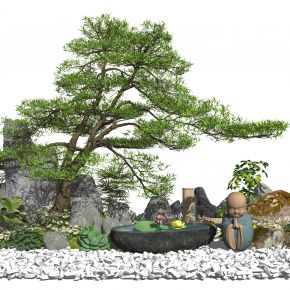 新中式景观小品松树石头水景枯山水SU模型