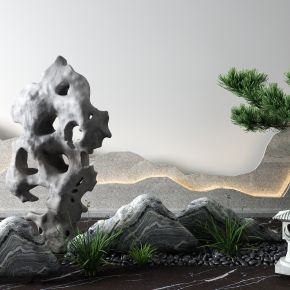 新中式松树 景观小品 石头