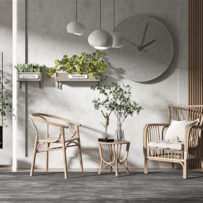 现代风格单椅边几，墙饰，挂墙植物