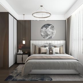 新中式家居卧室主卧老人房双人床衣柜床头柜吊灯壁挂地毯