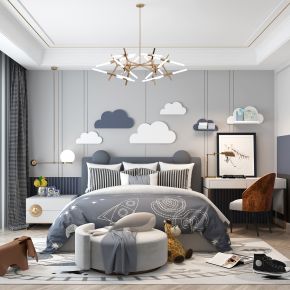 北欧现代儿童房男孩房卧室双人床云朵造型