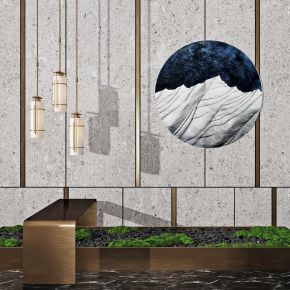 现代植物端景台金属吊灯景观小品水景