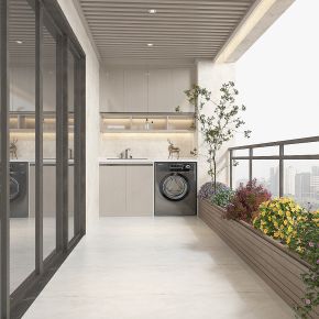 露台，阳台洗衣柜，储物柜，露台景观，绿植，花箱，阳台栏杆