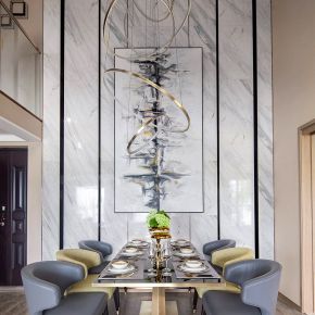 新中式现代轻奢简欧餐厅餐桌椅餐具吊顶