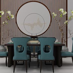 新中式餐桌椅子陶罐插花