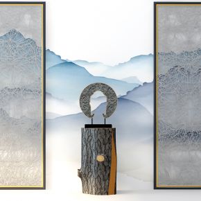 新中式摆件饰品隔断木桩墩远山背景画组合副本