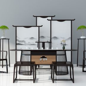 新中式茶桌椅子屏风花架摆台