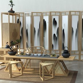 中式实木茶桌椅装饰柜屏风
