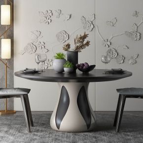 新中式圆形餐桌椅花瓣皮雕硬包背景墙