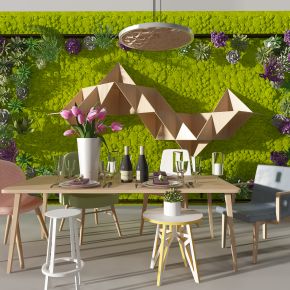 现代苔藓多肉植物墙休闲椅子吧椅吊灯组合绿植墙